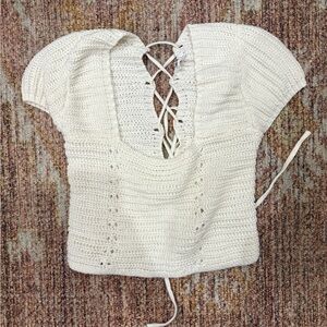 Double Zero White Square Neck Lace Up Back Knit Top, Size Medium